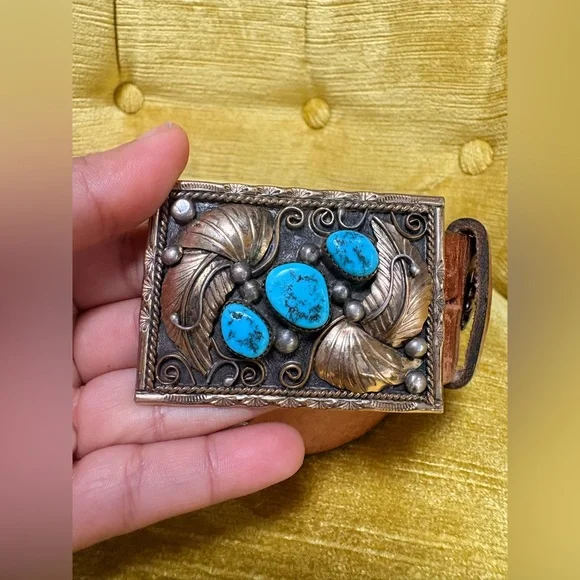 Sterling,  Gf and turquoise Native American belt and Aztec with turquoise - Picture 2 of 12